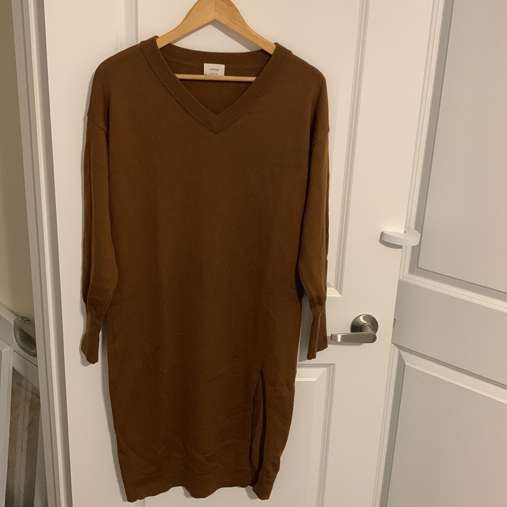 Aritzia Olive Brown V-Neck Long Sleeve Sweater Dress - Picture 6 of 8